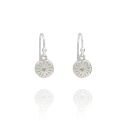 Handmade recycled silver Round Poppy Seed earrings by Iris and Lolli, delicate botanical inspired earrings crafted in the UK on white background