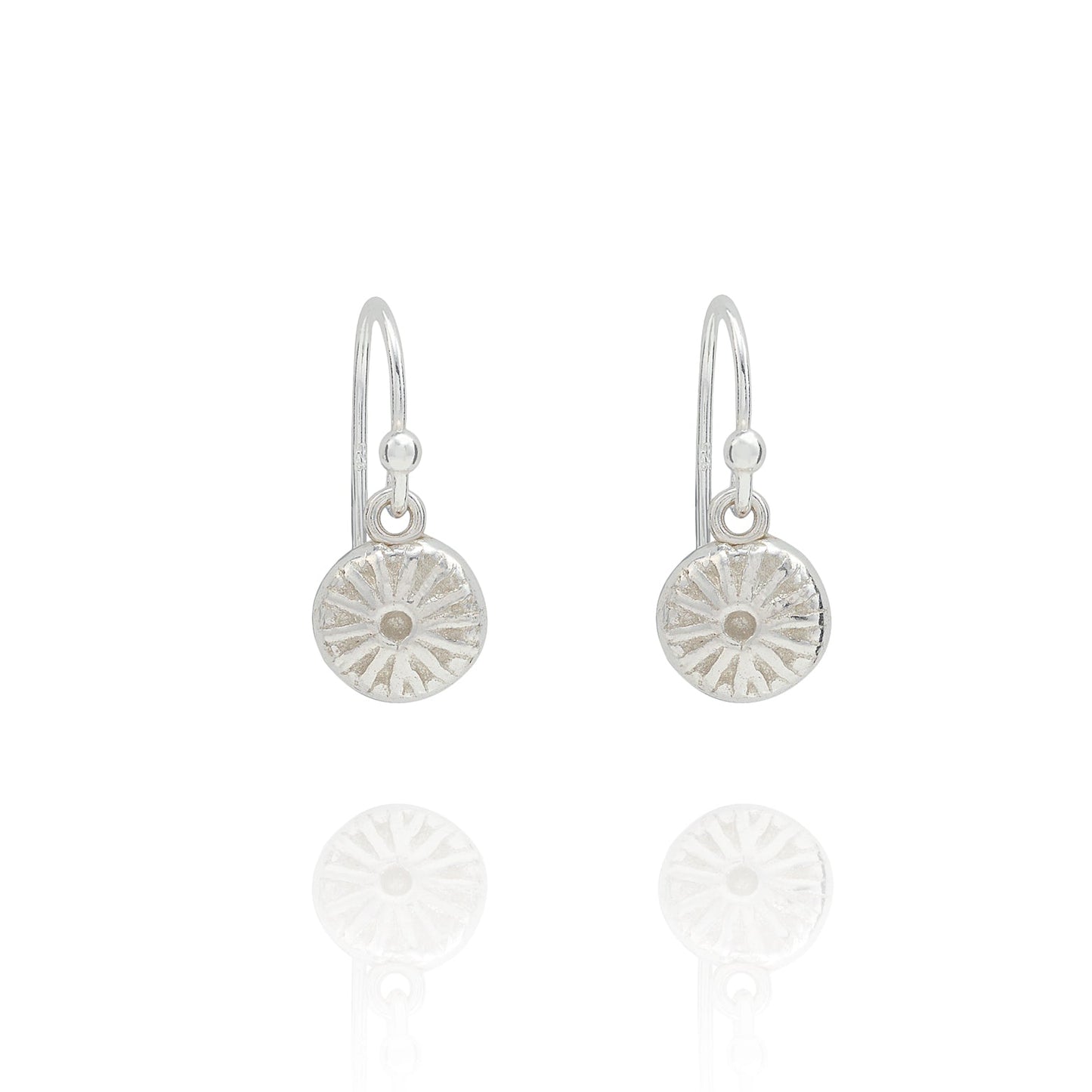 Handmade recycled silver Round Poppy Seed earrings by Iris and Lolli, delicate botanical inspired earrings crafted in the UK on white background