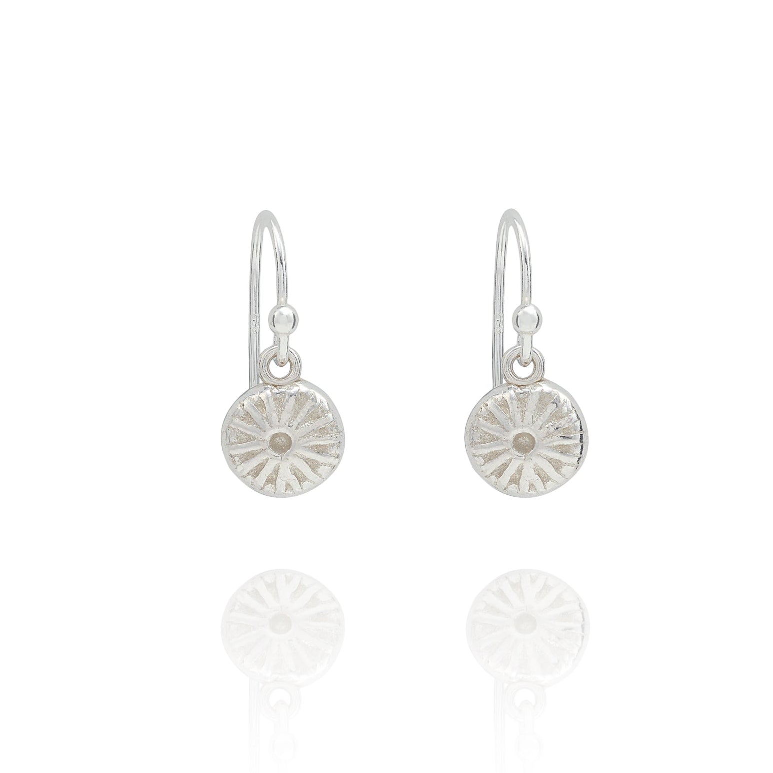 Handmade recycled silver Round Poppy Seed earrings by Iris and Lolli, delicate botanical inspired earrings crafted in the UK on white background