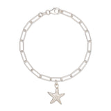 recycled silver starfish charm bracelet with paperclip chain, handcrafted sustainable jewellery by Iris & Lolli on white background