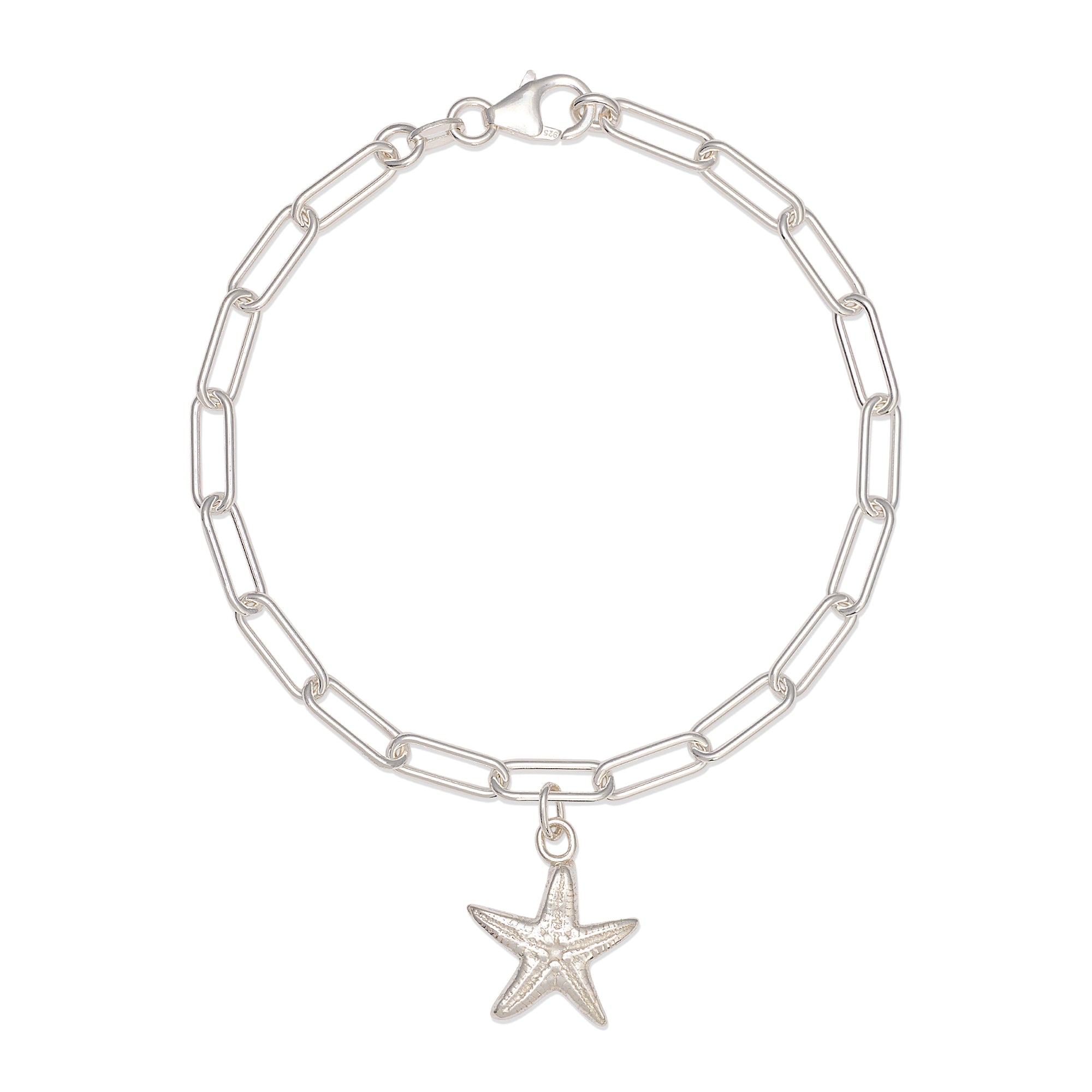 recycled silver starfish charm bracelet with paperclip chain, handcrafted sustainable jewellery by Iris & Lolli on white background