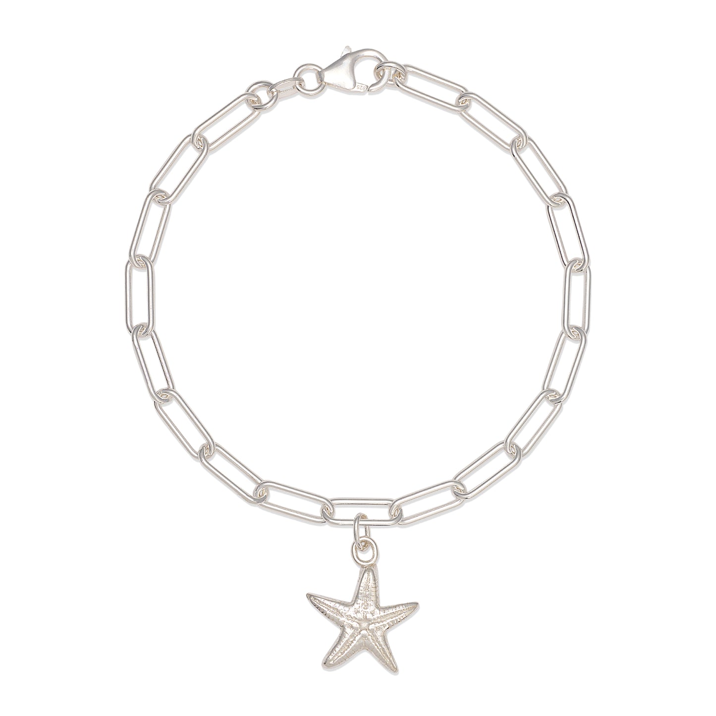 recycled silver starfish charm bracelet with paperclip chain, handcrafted sustainable jewellery by Iris & Lolli on white background
