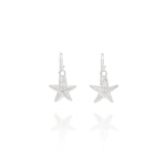 Handmade recycled silver starfish earrings by Iris and Lolli, ocean inspired jewellery crafted in the UK on white background