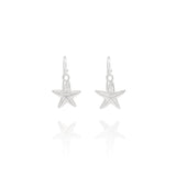 Handmade recycled silver starfish earrings by Iris and Lolli, ocean inspired jewellery crafted in the UK on white background