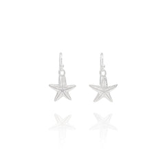 Handmade recycled silver starfish earrings by Iris and Lolli, ocean inspired jewellery crafted in the UK on white background