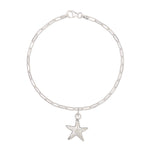 recycled silver starfish pendant bracelet on fine paperclip chain, handcrafted ocean-inspired jewellery by Iris & Lolli on white background