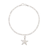 recycled silver starfish pendant bracelet on fine paperclip chain, handcrafted ocean-inspired jewellery by Iris & Lolli on white background
