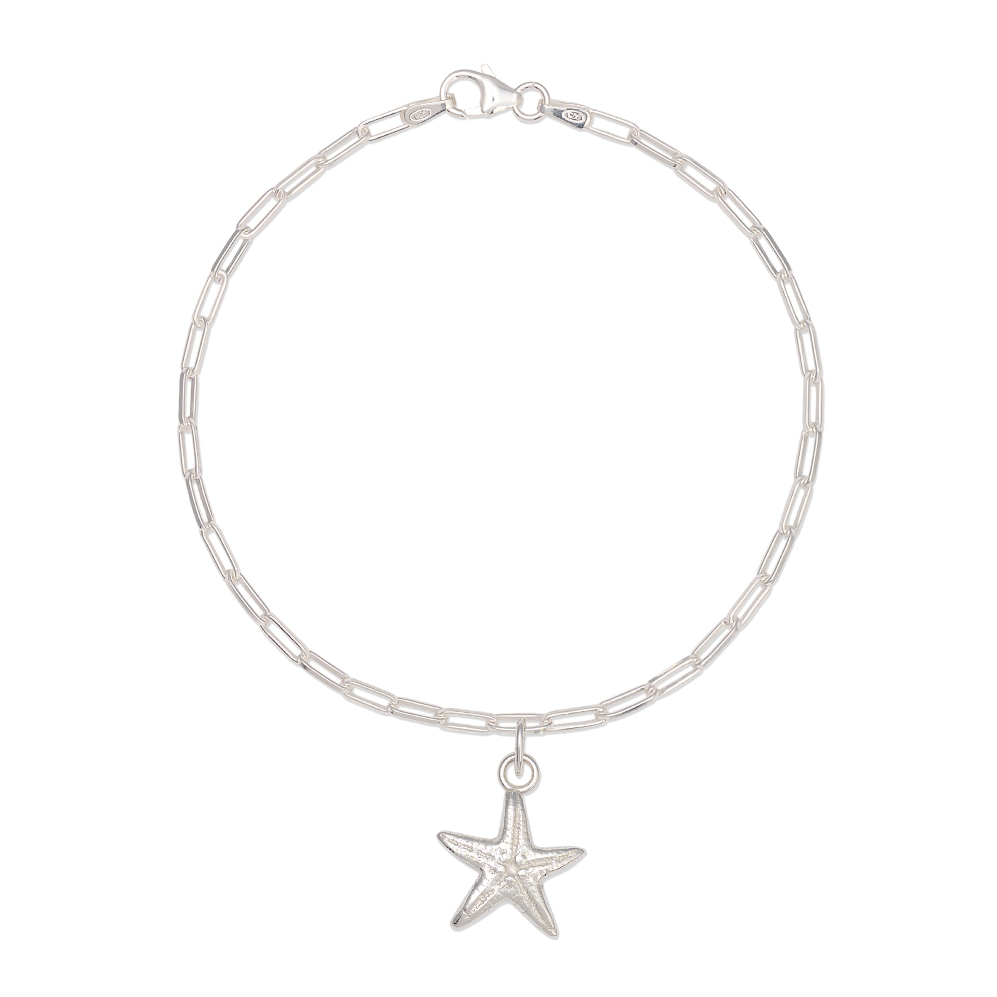 recycled silver starfish pendant bracelet on fine paperclip chain, handcrafted ocean-inspired jewellery by Iris & Lolli on white background