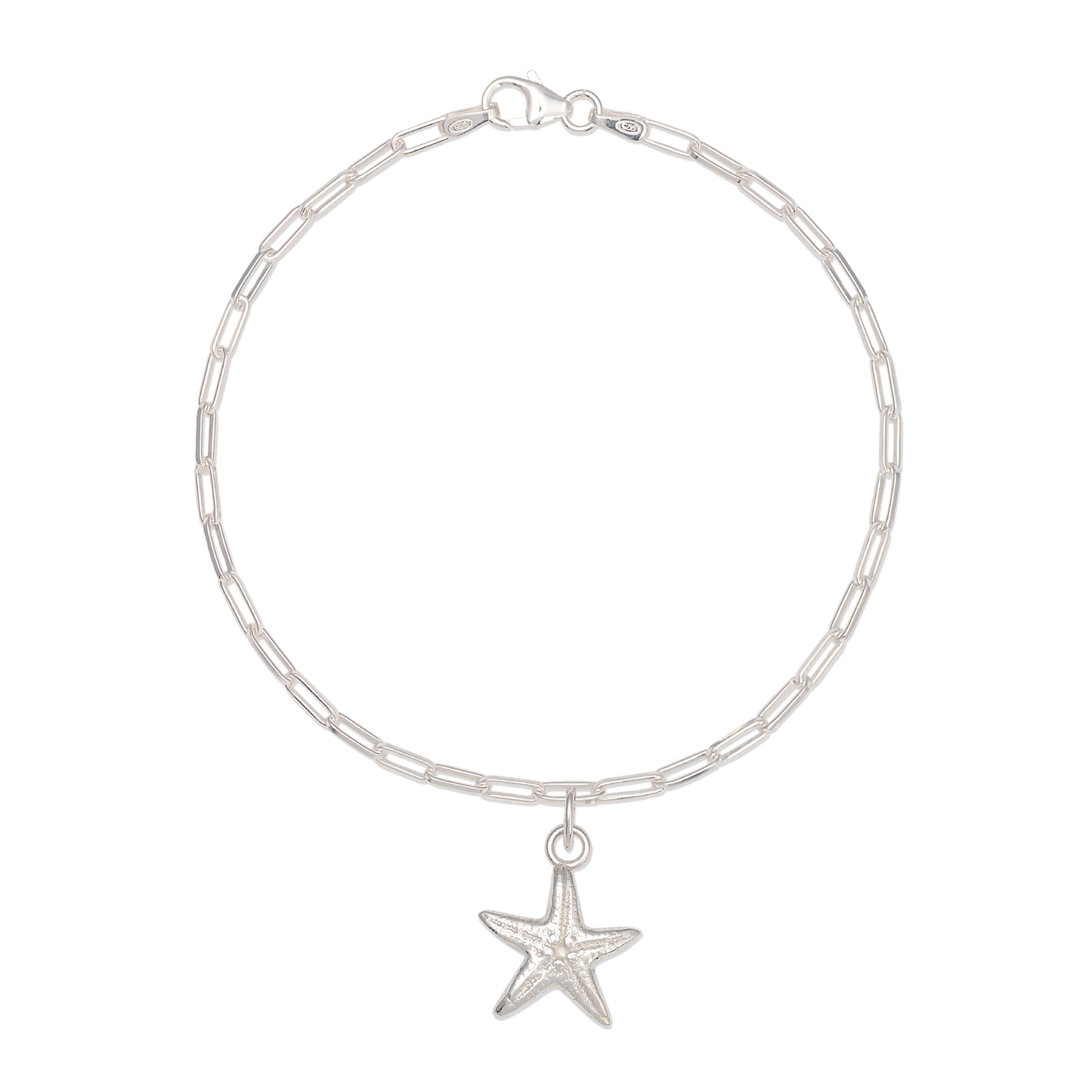 recycled silver starfish pendant bracelet on fine paperclip chain, handcrafted ocean-inspired jewellery by Iris & Lolli on white background