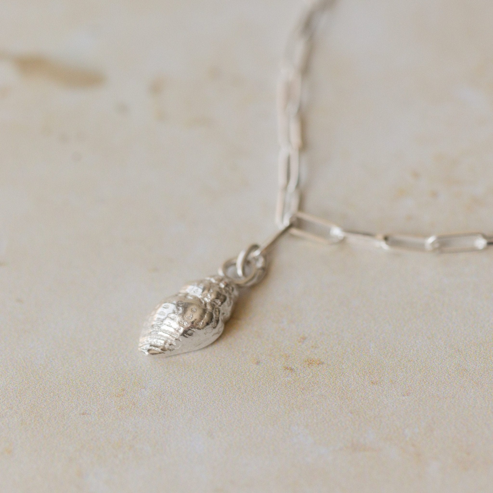 close-up of recycled silver whelk shell charm bracelet on paperclip chain by Iris & Lolli