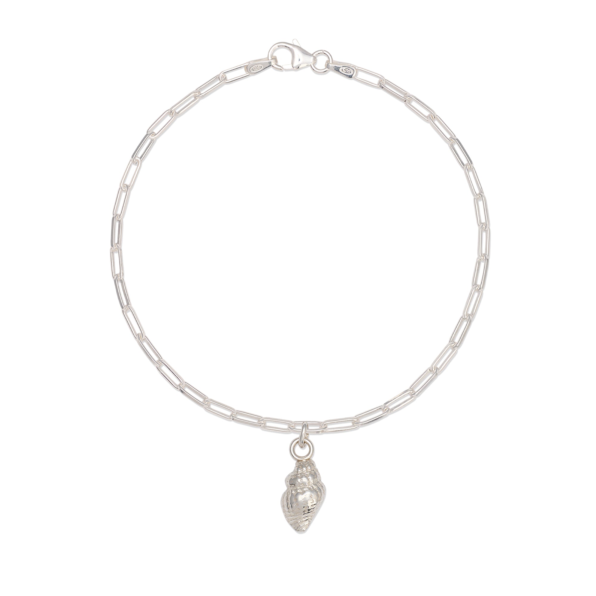 recycled silver whelk shell charm bracelet with fine paperclip chain on white background by Iris & Lolli