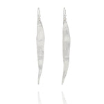 Handmade recycled silver willow leaf drop earrings by Iris and Lolli on white background, nature inspired and crafted in the UK