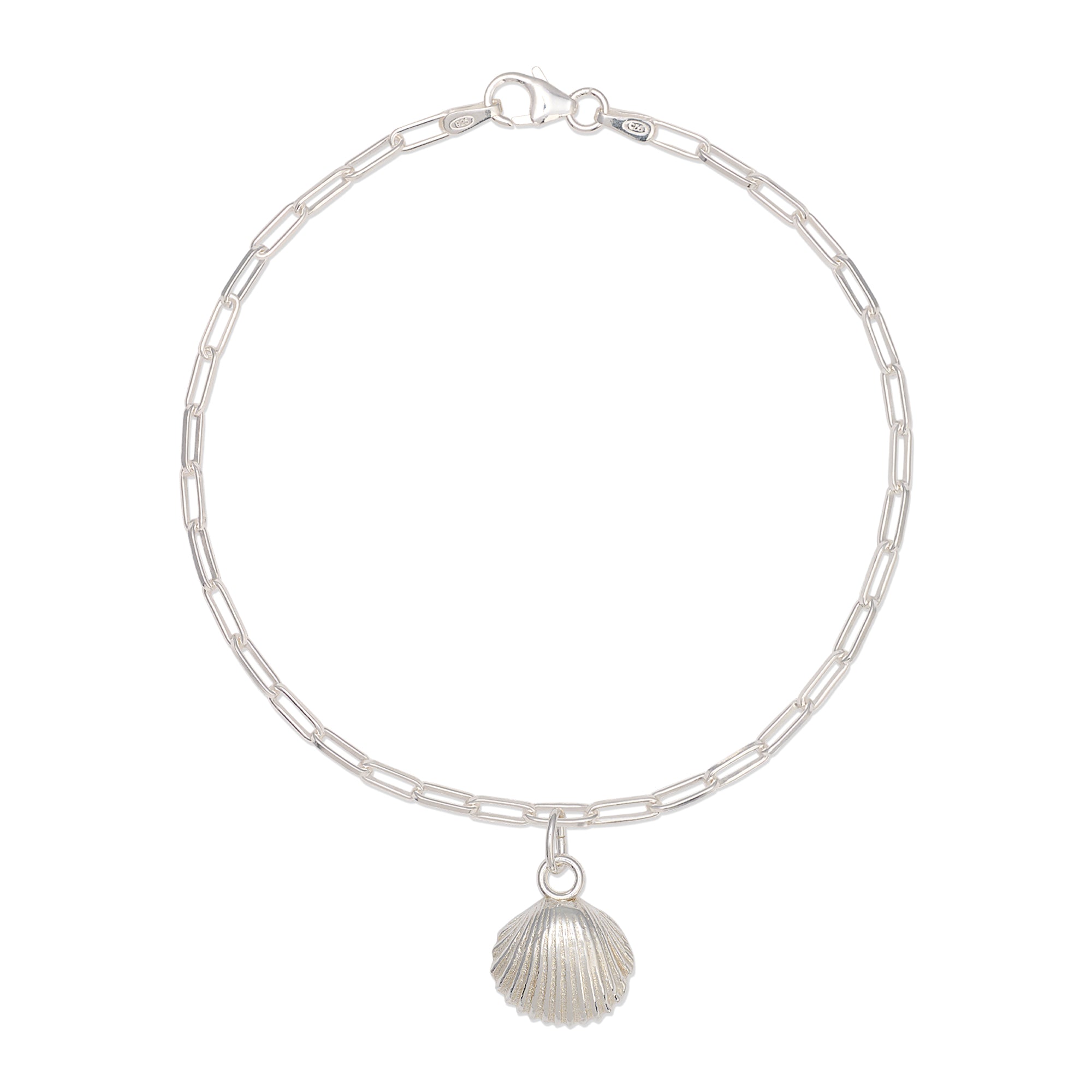 recycled silver cockle shell charm bracelet with fine paperclip chain on white background, sustainable coastal jewellery by Iris & Lolli