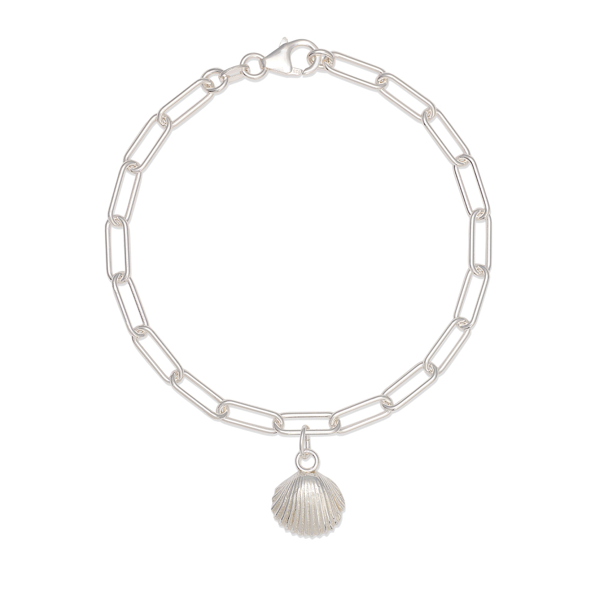 recycled silver cockle shell charm bracelet with paperclip chain on white background, handcrafted coastal jewellery by Iris & Lolli