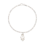 silver oak leaf charm bracelet with fine paperclip chain on white background, handcrafted recycled silver jewellery by Iris & Lolli