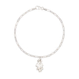 silver oak leaf charm bracelet with fine paperclip chain on white background, handcrafted recycled silver jewellery by Iris & Lolli