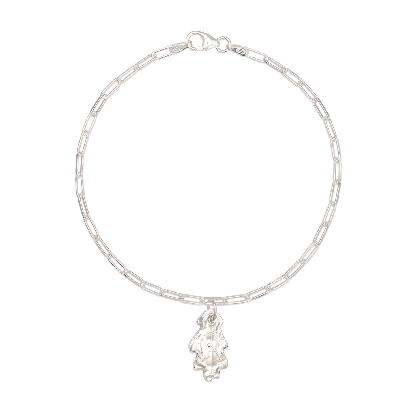 silver oak leaf charm bracelet with fine paperclip chain on white background, handcrafted recycled silver jewellery by Iris & Lolli