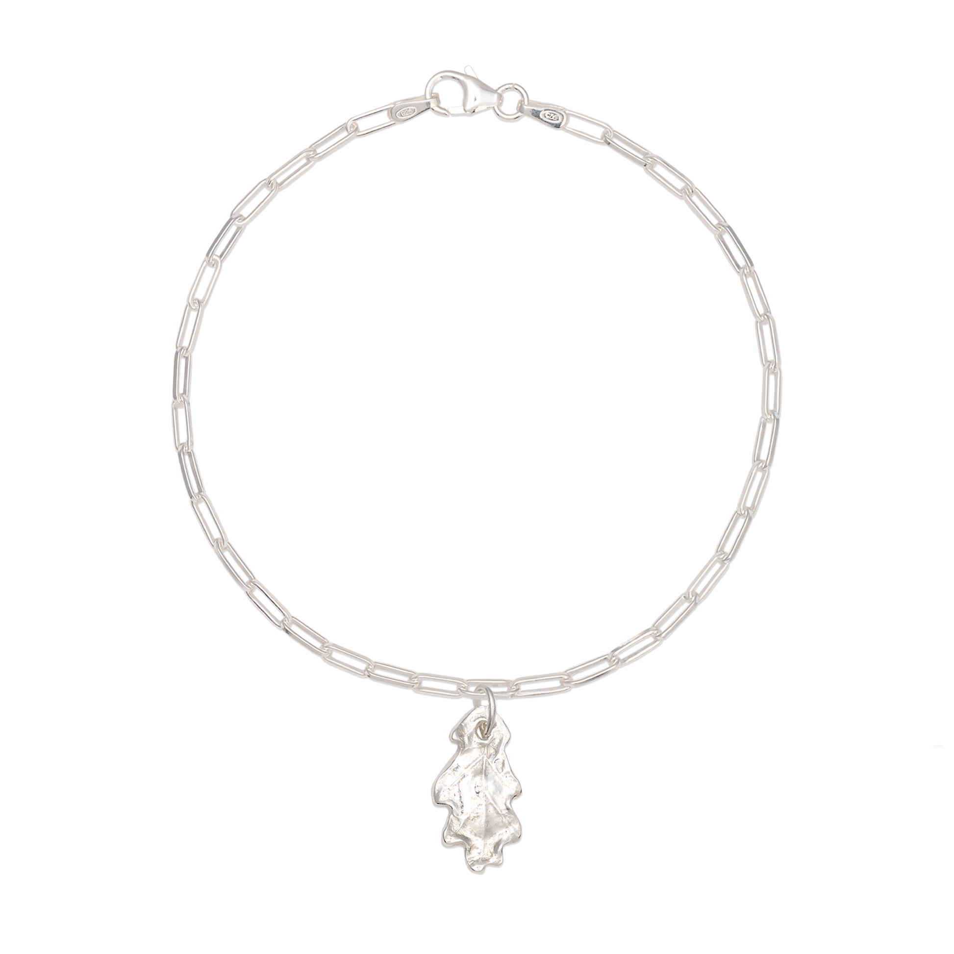 silver oak leaf charm bracelet with fine paperclip chain on white background, handcrafted recycled silver jewellery by Iris & Lolli