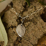 recycled silver rose leaf charm bracelet with paperclip chain resting on bark, handcrafted botanical jewellery inspired by nature by Iris & Lolli