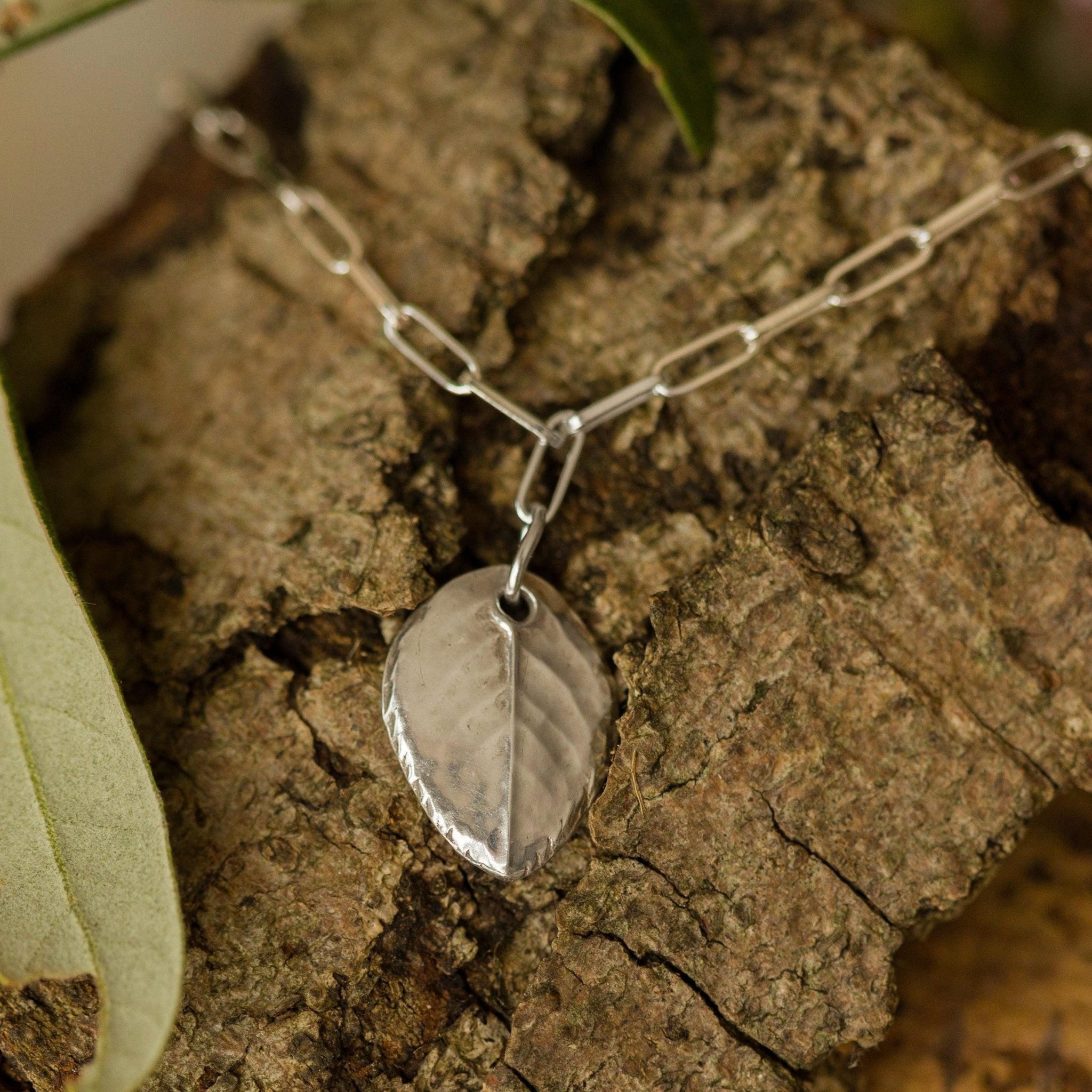 recycled silver rose leaf charm bracelet with paperclip chain resting on bark, handcrafted botanical jewellery inspired by nature by Iris & Lolli