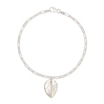 recycled silver rose leaf charm bracelet with paperclip chain on white background, handcrafted botanical design by Iris & Lolli