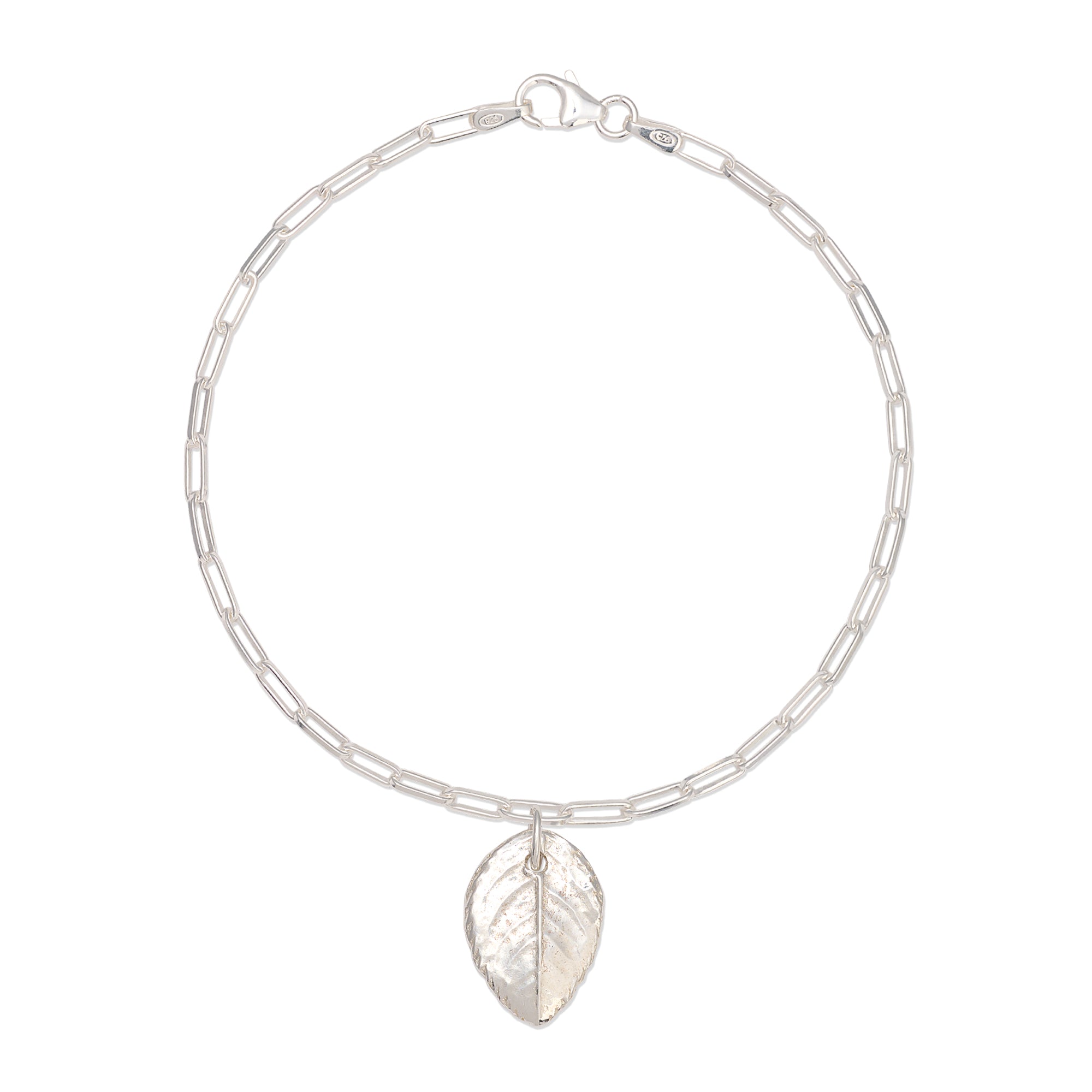 recycled silver rose leaf charm bracelet with paperclip chain on white background, handcrafted botanical design by Iris & Lolli