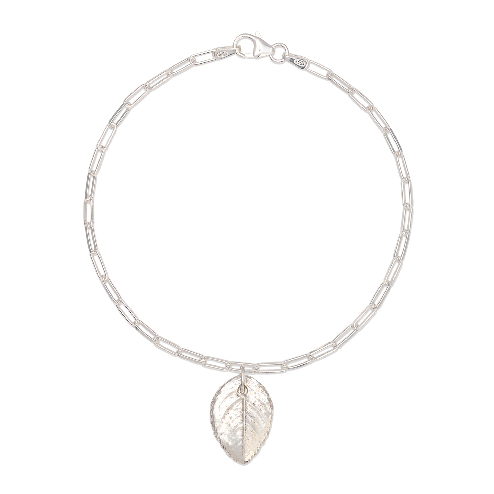 recycled silver rose leaf charm bracelet with paperclip chain on white background, handcrafted botanical design by Iris & Lolli