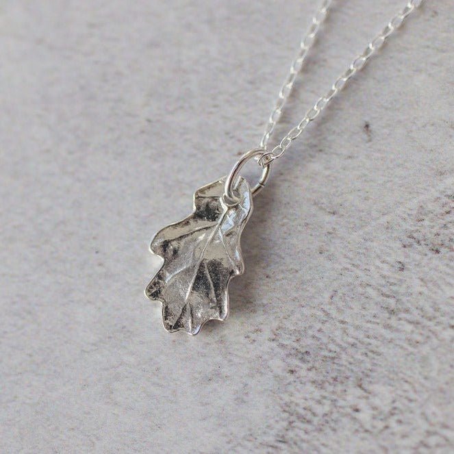 Handcrafted silver oak leaf necklace on chain, artisan botanical silver jewellery inspired by nature, eco-friendly jewellery UK by Iris & Lolli
